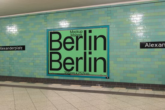Underground station poster mockup with green tiled wall, floor, and "Berlin" text. Ideal for designers to showcase advertising designs.