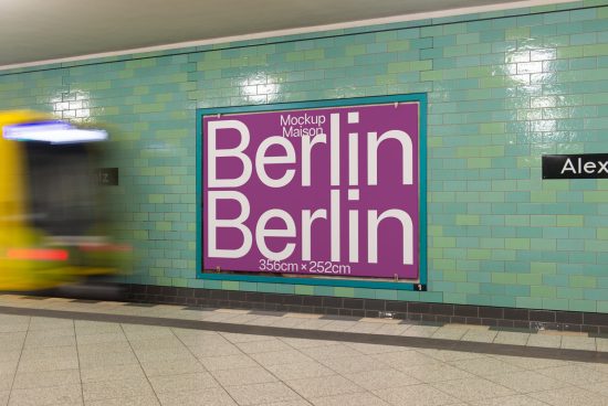 Billboard poster mockup displayed in subway station with passing train, showcasing modern typography design, ideal for ads and branding.