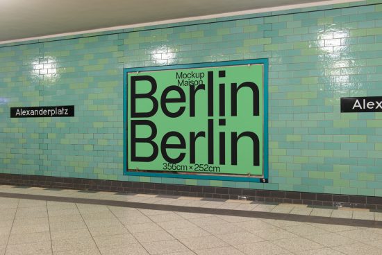 Subway station poster mockup on tiled wall with dimensions text, ideal for large-scale advertisement designs and urban presentations.