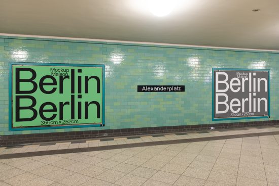 Subway station poster mockups featuring bold 'Berlin' text, ideal for graphic presentations, advertisement designs in urban settings.