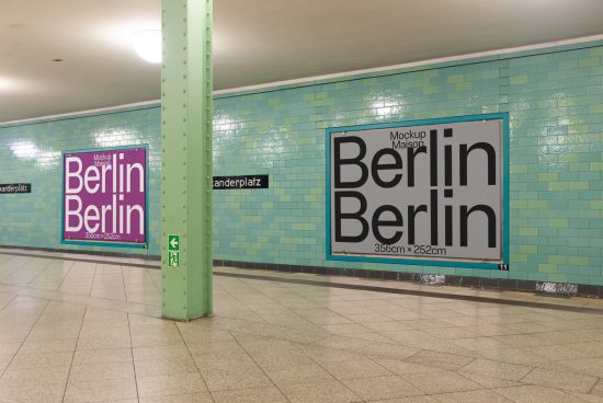 Subway station poster mockup with text 'Berlin' on tiled wall for showcasing advertisement designs, dimensions labeled for clarity.