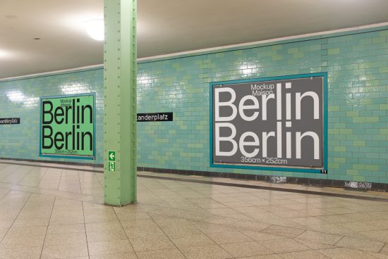 Urban subway poster mockup in a tiled station corridor with "Berlin" text for graphic design display.
