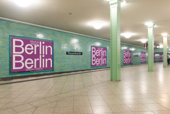 Subway station interior showcasing large posters with Berlin text, ideal mockup for advertising designs, wall graphics, and poster templates.