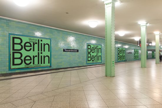 Subway station interior with tiled walls featuring poster mockups with large text "Berlin" for urban advertising design.