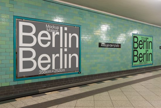 Subway station poster mockups displaying text 'Berlin Berlin', suitable for advertising and design presentations. Ideal for designers looking for urban mockup templates.