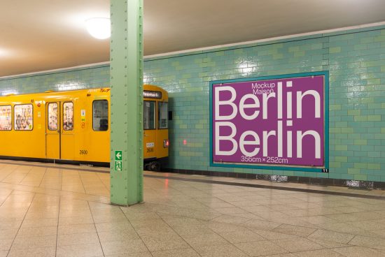 Berlin subway station with yellow train and large purple poster mockup on wall for advertising, urban environment, suitable for poster template designers.