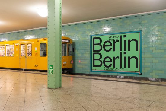 Berlin subway station mockup with an advertisement poster, vibrant yellow train, tiled walls, and platform floor - ideal for designers' mockups.