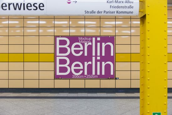Berlin subway station mockup poster on tiled wall for graphic design, print template, advertising display, urban presentation.