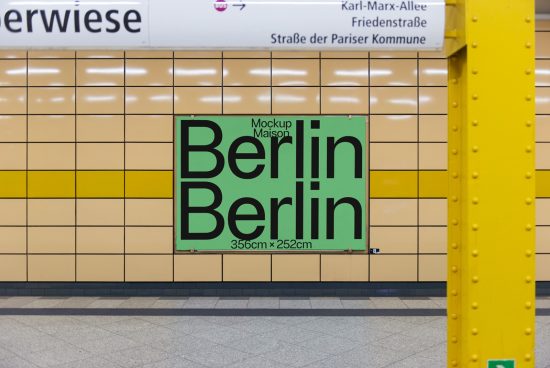 Subway billboard mockup in a station with text "Berlin Berlin", suitable for urban poster designs and graphic displays for designers.