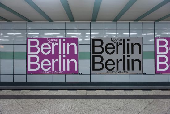Modern subway advertisement mockups in a station, showcasing Berlin posters in pink and black, ideal for designers to display graphics.
