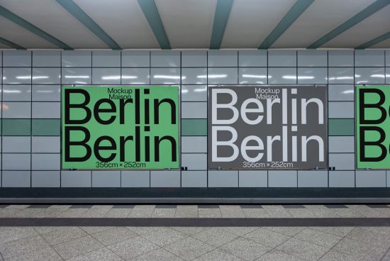Subway advertising mockups featuring large posters with Berlin text, suitable for presenting designs in a realistic urban setting.