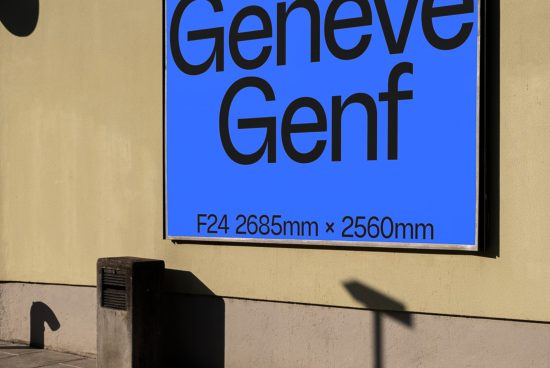 Blue billboard mockup on a sunlit wall displaying bold typography design "GENEVE Genf" with clear dimensions, ideal for showcasing outdoor ads.