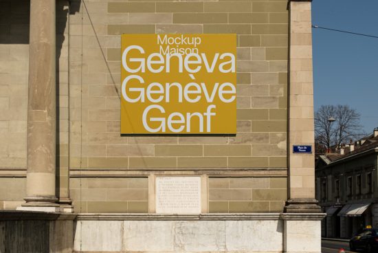 Outdoor poster mockup on building wall displaying bold typography design with text "Geneva Genève Genf," urban setting for designers.