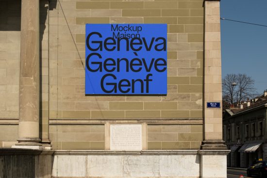 Blue poster mockup on a historic building wall with the word Geneva in various languages, suitable for design presentations and urban mockups.