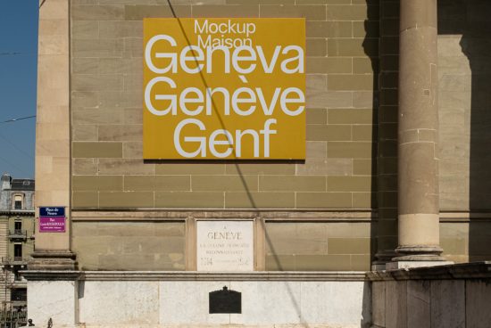 Urban poster mockup on building wall displaying different language variations of the word Geneva ideal for designers to showcase branding work.