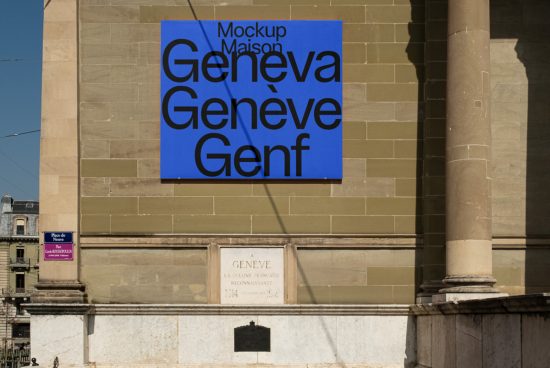 Urban poster mockup on building fade displaying blue sign with text variations for designers seeking realistic templates for presentations.