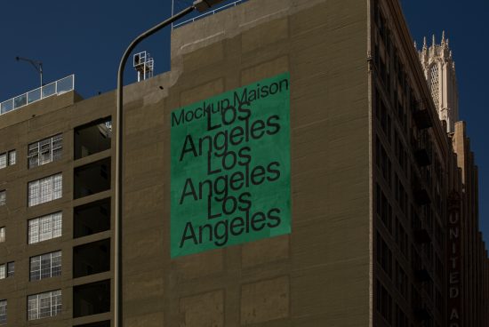 Urban building wall mockup with repeated text graphics design showcasing fonts and potential for advertising space in a city setting ideal for mockups category.