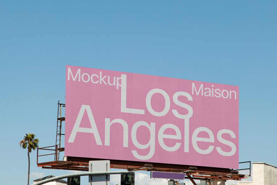 Billboard mockup display with pink background and white text reading "Mockup Maison Los Angeles" against a clear sky, ideal for designers.