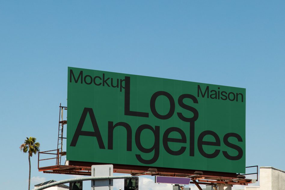 Billboard mockup in clear daylight with palm trees, ideal for designers presenting advertising projects in urban settings.