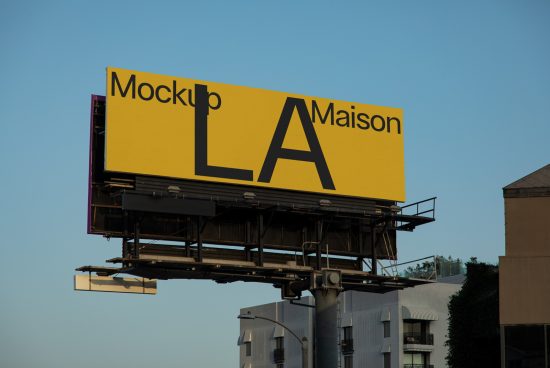 Billboard mockup featuring bold 'Mockup Maison LA' text in urban setting, perfect for designers to showcase advertising work.