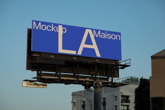 Outdoor billboard mockup on a clear day with the text Mockup Maison LA in bold, showcasing design display options for advertising.