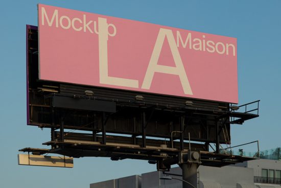 Billboard mockup with pink background and large text design on city rooftop, clear sky, for advertising, templates, graphic design.