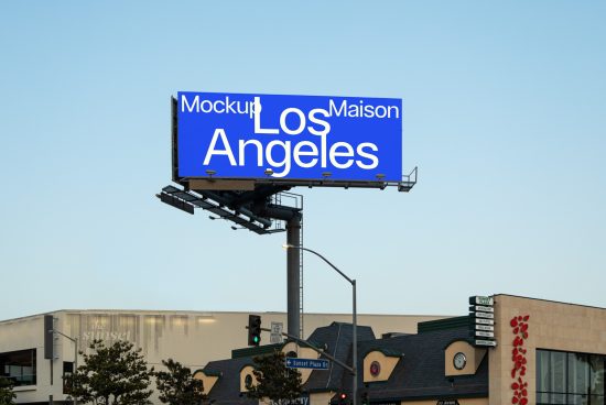 Billboard mockup with editable text "Los Angeles" displayed against a clear sky, ideal for outdoor advertising and design presentations.