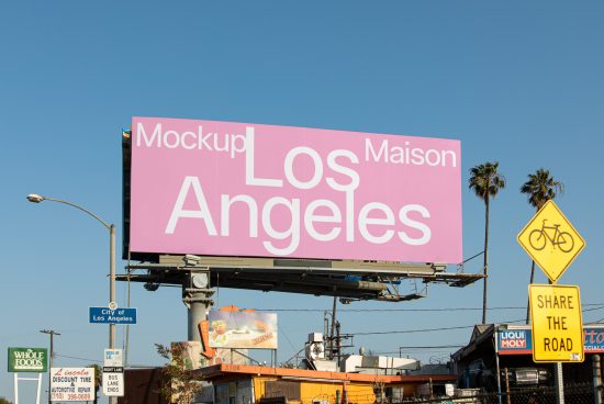 Billboard mockup in Los Angeles with clear sky and palm trees, ideal for designers to showcase advertising graphics or fonts.