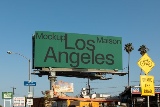 Billboard mockup with clear typography for Los Angeles ad design, under a blue sky with palm trees, suitable for graphic designers and ad agencies.