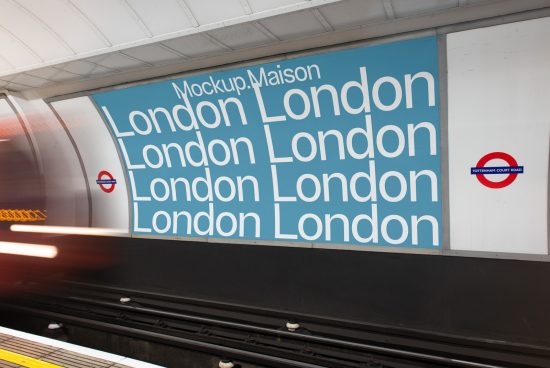 Mockup of blue advertisement billboard at underground station with repetitive "London" text, highlighted Mockup.Maison branding, tube sign visible.