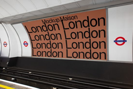 Subway ad mockup at Tottenham Court Road station with multiple 'London' text in a bold font, ideal for designers crafting graphic urban templates.