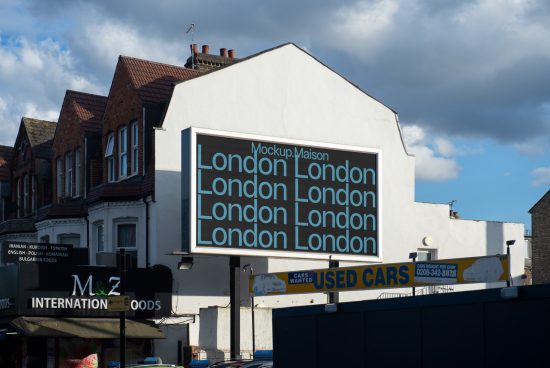 Urban billboard mockup with repetitive 'London' font design, clear blue sky, ideal for designers presenting graphics or advertising.