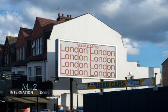 Urban billboard mockup on a building showcasing different font sizes with the word London for design and advertising presentations.