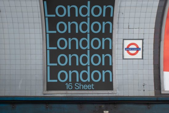 Large typography poster design mockup with the word 'London' repeated, displayed in a subway station setting for urban design inspiration.