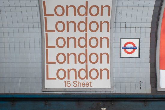 Urban typography billboard mockup showcasing bold font with 'London' text repeated, hip London Underground signage, suitable for graphic design assets.