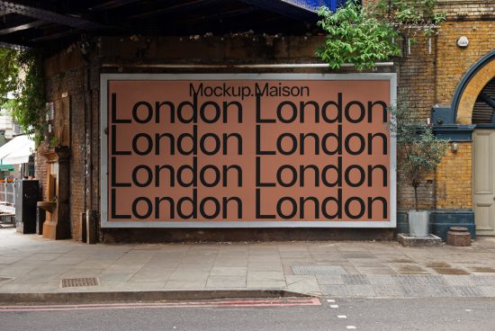 Urban billboard mockup with repeating 'London' text in bold font under a bridge, for graphic design and advertising presentation.