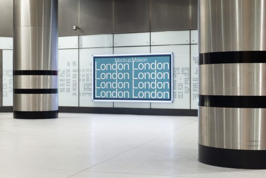 Mockup of a neon sign with the word London repeated, within a modern station setting, perfect for showcasing design projects.