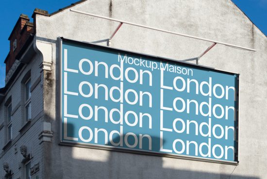 Billboard mockup on building exterior with repeating 'London' text in bold font, clear sky - perfect for outdoor advertising designs.