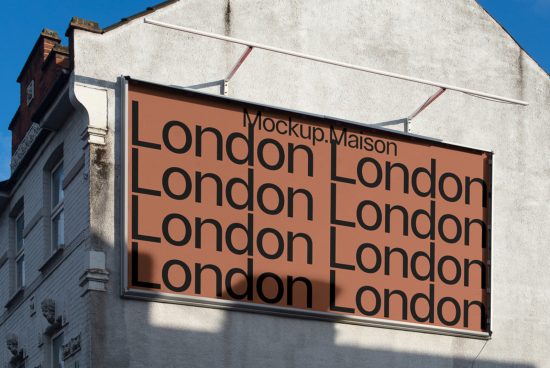 Signboard mockup on building exterior showcasing repeating 'London' text, ideal asset for designers looking to display branding or font designs.