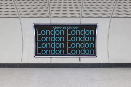 Subway advertisement mockup featuring repeated "London" text, ideal for showcasing graphic designs and posters to potential clients.