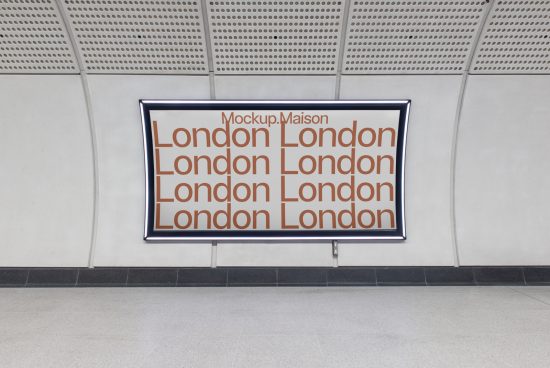Metro station advertisement mockup displaying repeated London text in bold, creative fonts, ideal for showcasing design and typography.