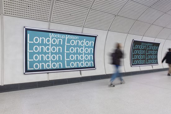 Billboard mockup in a subway station with a repetitive London text design, conveying motion with blurred pedestrians walking by.