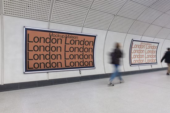 Subway poster mockups with text design on London underground station, blurred people walking, ideal for advertising designs and fonts display.