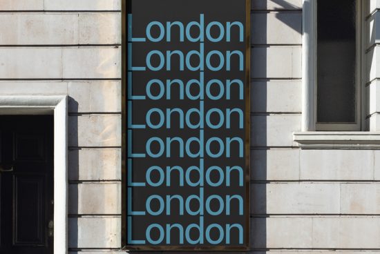 Urban font presentation with the word London repeated on a building facade for graphic design and architectural mockups.