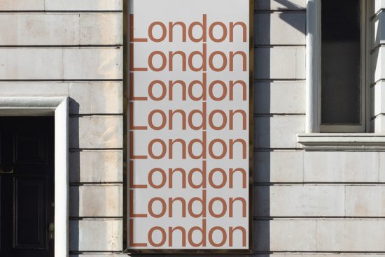 Bold typography design showcasing 'London' text on building facade, suitable for mockup category, emphasizing urban fonts and architecture.