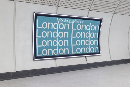 Billboard mockup in subway station with repetitive 'London' text design, showcasing clear typography and graphics display for designers.