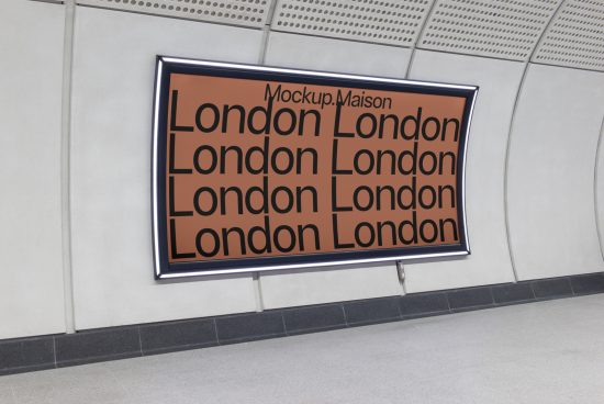 Subway poster mockup featuring repetitive 'London' text design, showcasing typography and placement for urban environment advertising.