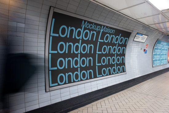 Mockup of repeating 'London' text on subway billboard, urban setting, for graphic presentation, design showcase, advertising mockup.