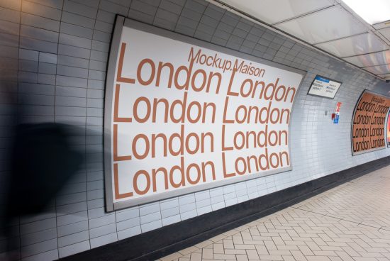 Underground station mockup poster with repeating "London" text in varied sizes, ideal for graphic design and typography showcase.