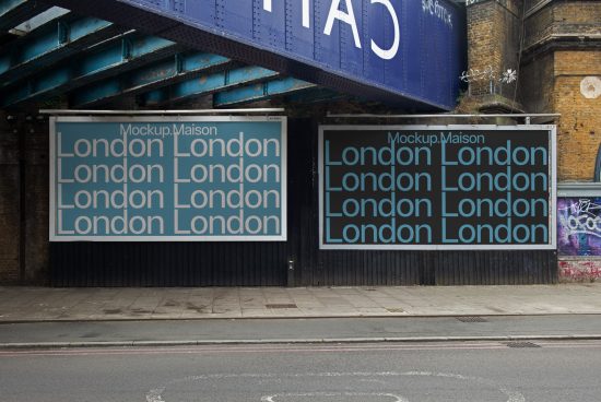 Urban billboard mockups with repetitive London text, street view backdrop, ideal for design presentations and advertising mockup visuals.